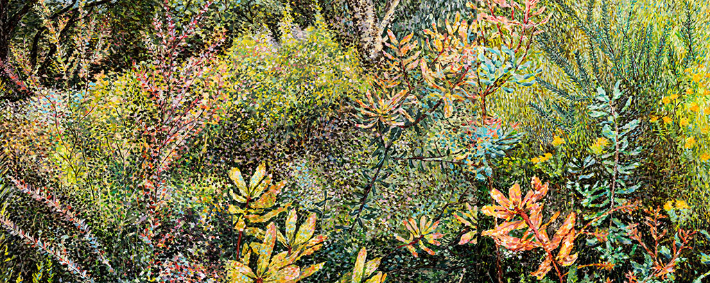 three colourful paintings of colourful bushland framed by thin borders