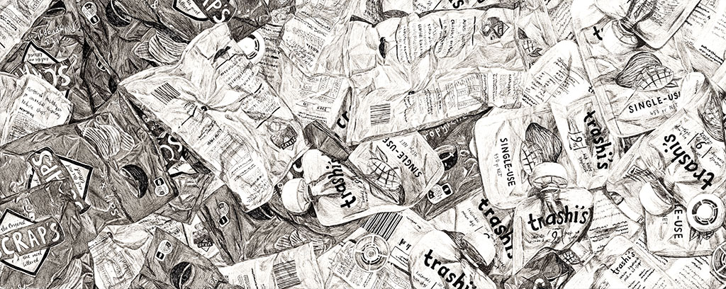 four colourful prints of branded food items on colourful backgrounds and two long detailed pencil drawings of landfill