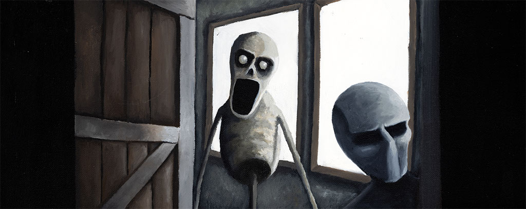 collection of sinister paintings of animated skeletal figure surrounded by dark shadows