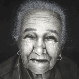 black and white portrait of old woman with grey hair