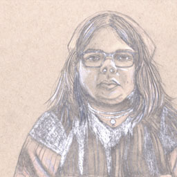 Pencil drawing of womans face with long hair and glasses