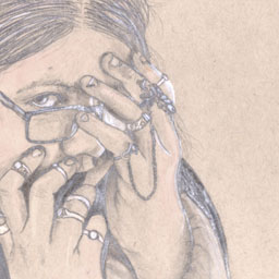 Pencil drawing of womans face with hands covering her face