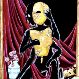Black figure covered by a gold mask and chest plate