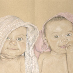 drawing of twin babies wrapped in hooded towels