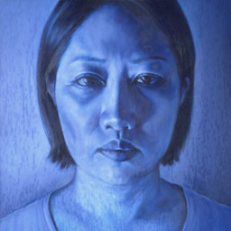 Close up painting of a womans face with a wash of blue