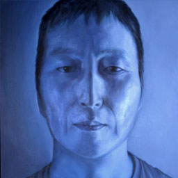 Close up painting of a mans face with a wash of blue