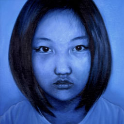 Close up painting of a girls face with a wash of blue