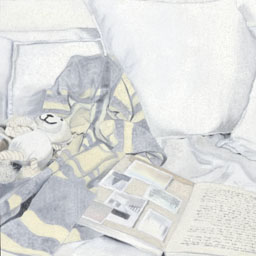 still life painting of armchair with an open book.