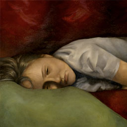 Painting of figure lying down on green pillow wearing a white shirt