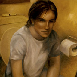 Painting of figure sitting at the toilet in a yellow bathroom wearing a white shirt