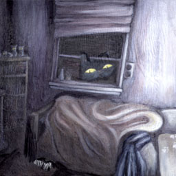 Bedroom scene with giant cat face with  yellow glowing eyes peering through the window