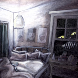 Bedroom scene with giant cat face with  yellow glowing eyes and sharp white teeth peering through the window