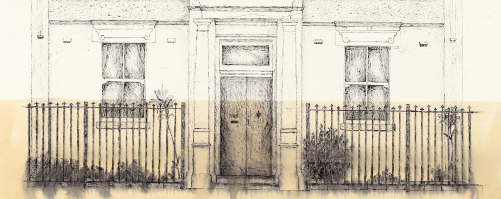Three drawings of ink houses including sepia coloured stain on the bottom halves