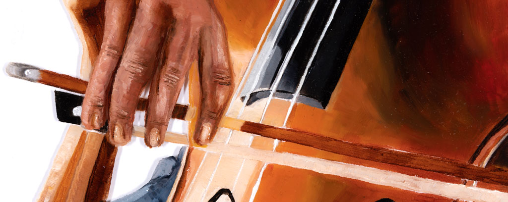 Six paintings of hands playing various instruments