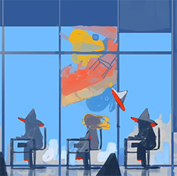 animated image of three people sitting on chairs facing left with a colourful artwork on a blue wall