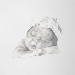 A graphite portrait of a baby sleeping on its arms