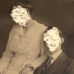 A sepia toned portrait of a man and woman with their faces removed