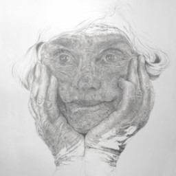 A graphite portrait of an elderly woman with her head in her hands