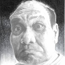 Graphite portrait of an elderly man appearing shocked