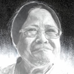 Graphite portrait of an elderly woman with glasses frowning