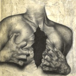 Graphite drawing of a body ripping open their chest on a sepia toned background