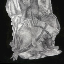 Black and white drawing of a person draped over a chair covered in cloth