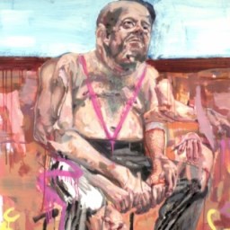 Abstract portrait of an elderly man in a rural landscape, sitting with bright pink suspenders