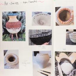 Close up of visual arts diary displaying images of different pots for a body of work